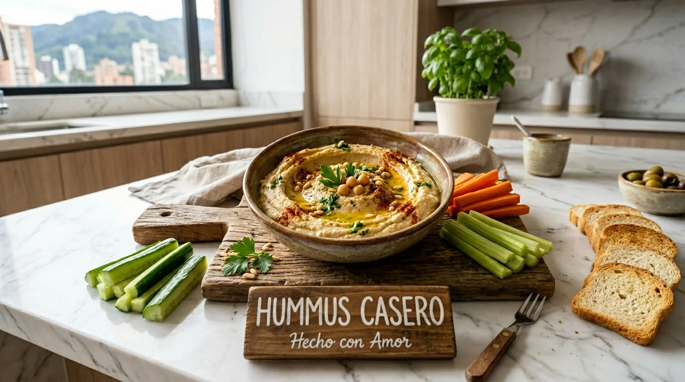 Bowl de hummus casero cremoso con aceite de oliva y palitos de pepino, zanahoria, apio y pan de arroz: snack saludable de tarde