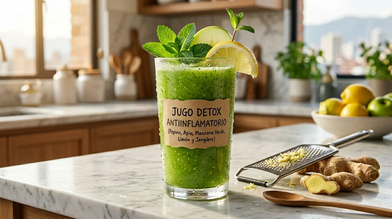 Vaso alto con jugo verde detox antiinflamatorio de pepino, apio, manzana, limón y jengibre