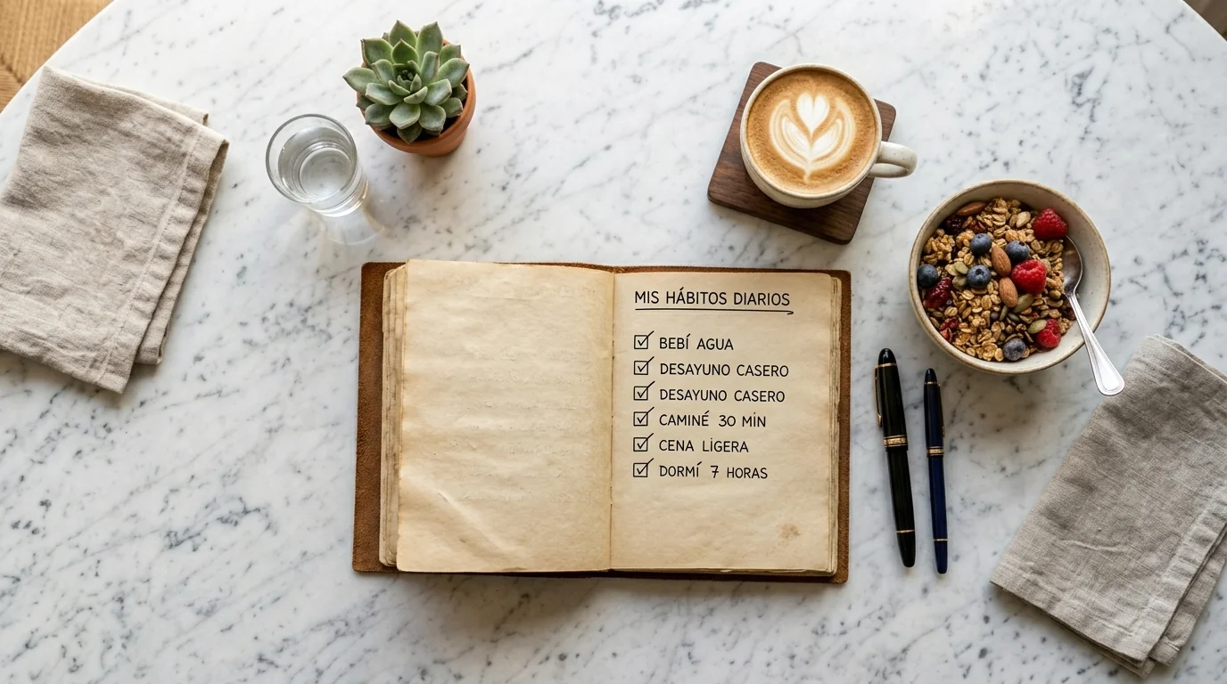Libreta de mis hábitos diarios abierta con checklist en español, café con leche, bowl de granola y planta decorativa sobre mesa de mármol