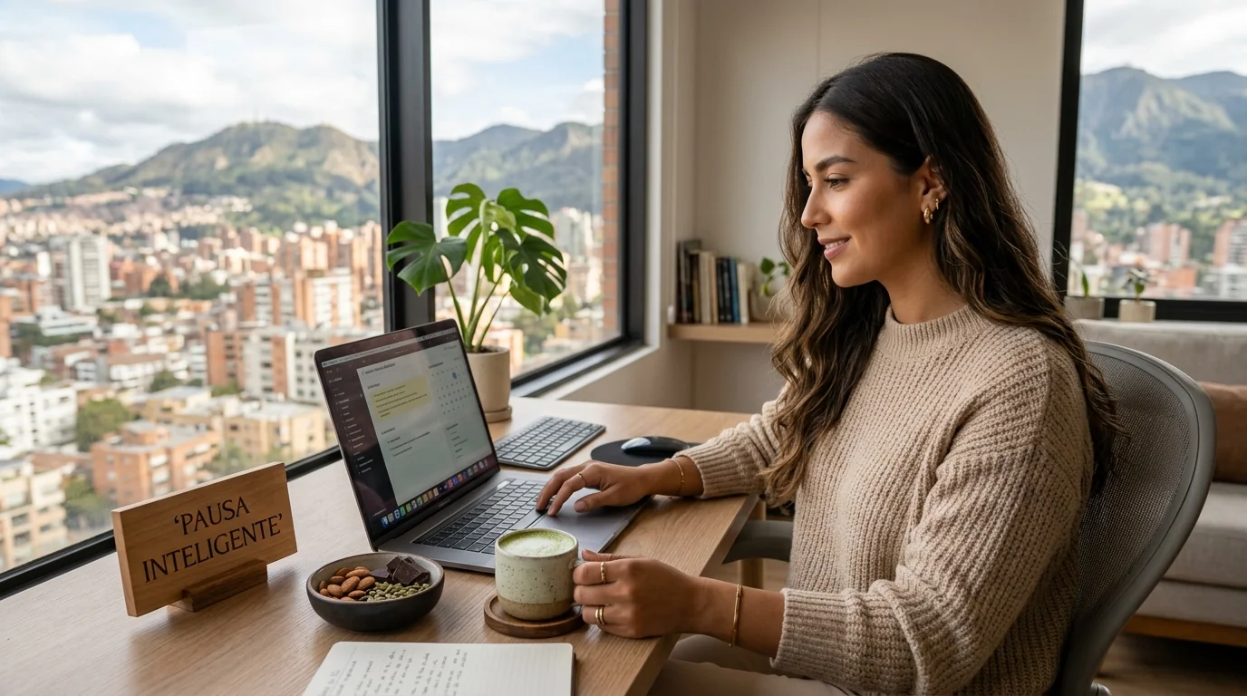Mujer joven de fenotipo colombiano en home-office en Bogotá tomando una pausa con bowl de snacks saludables y té matcha humeante