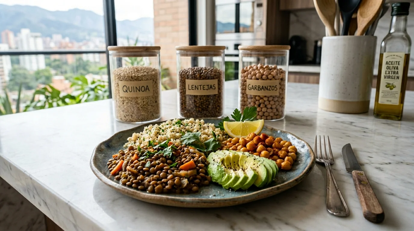 Plato grande de cerámica con quinoa, lentejas, garbanzos rostizados, aguacate y limón: carbohidratos vegetales completos