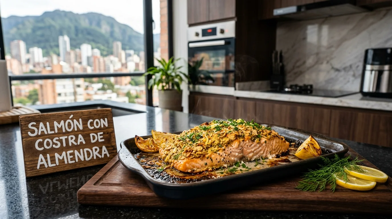 Filete de salmón con costra dorada de almendras laminadas y hierbas frescas, una cena rica en omega 3