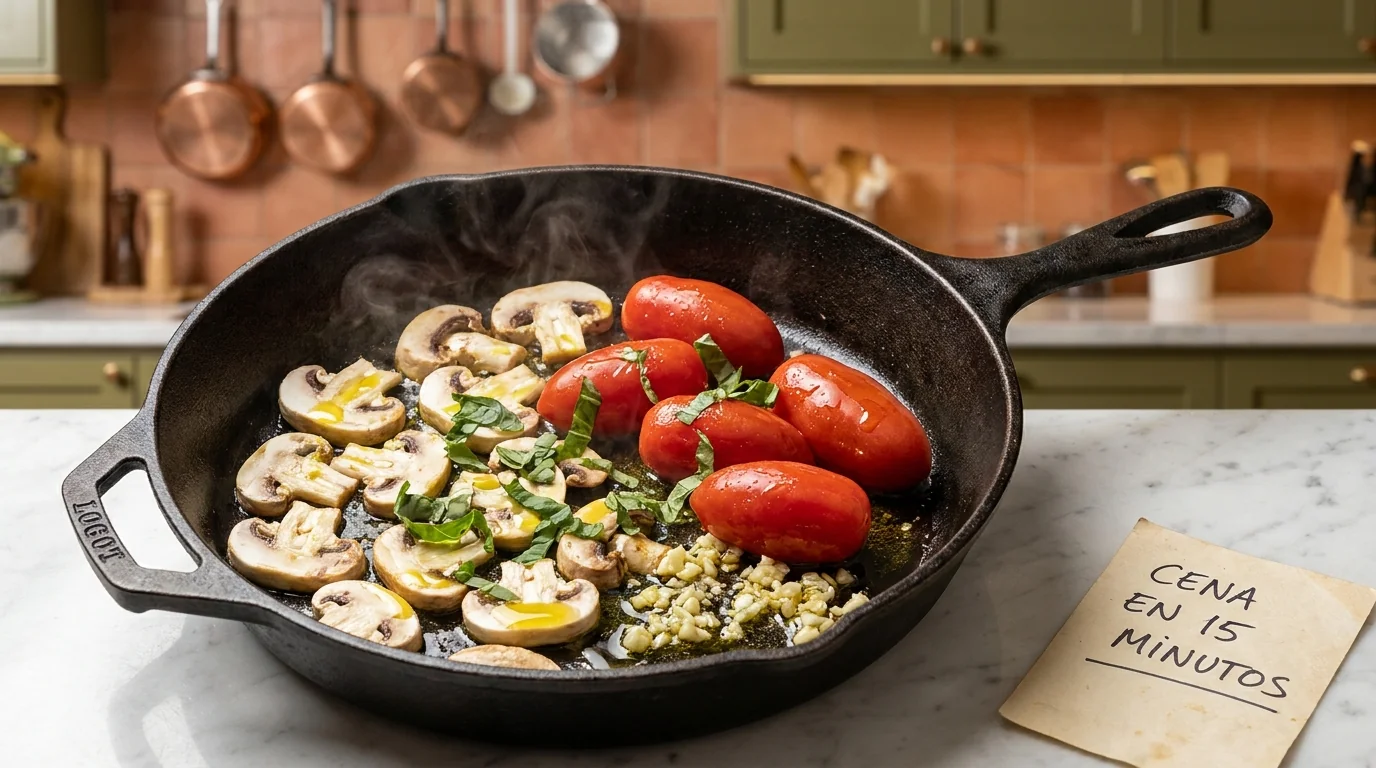 Sartén de hierro con champiñones blancos y tomate San Marzano dorándose, cena en 15 minutos