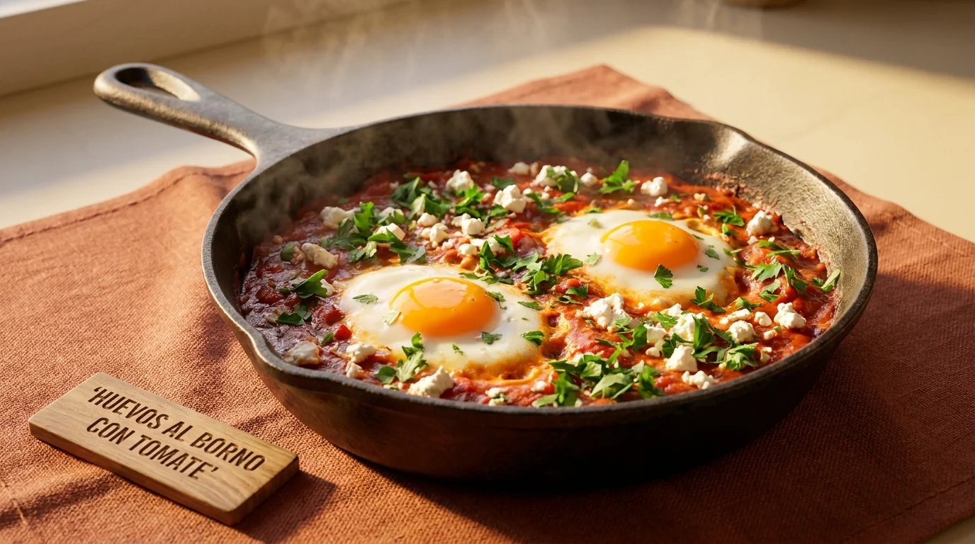 Shakshuka de huevos al horno con salsa de tomate San Marzano, una cena proteica rápida