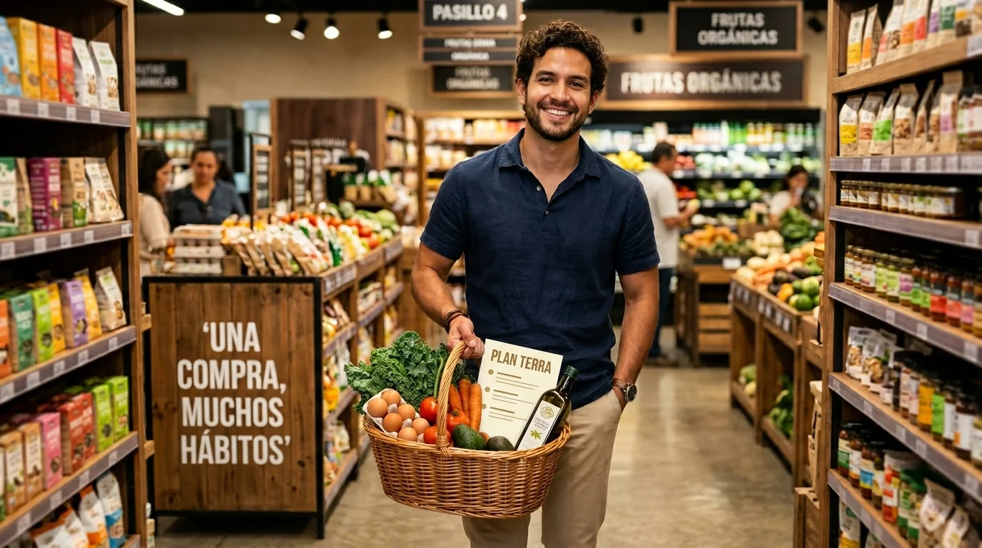 Hombre joven de fenotipo colombiano sonriente en un mercado orgánico de Bogotá con canasta llena: una compra, muchos hábitos