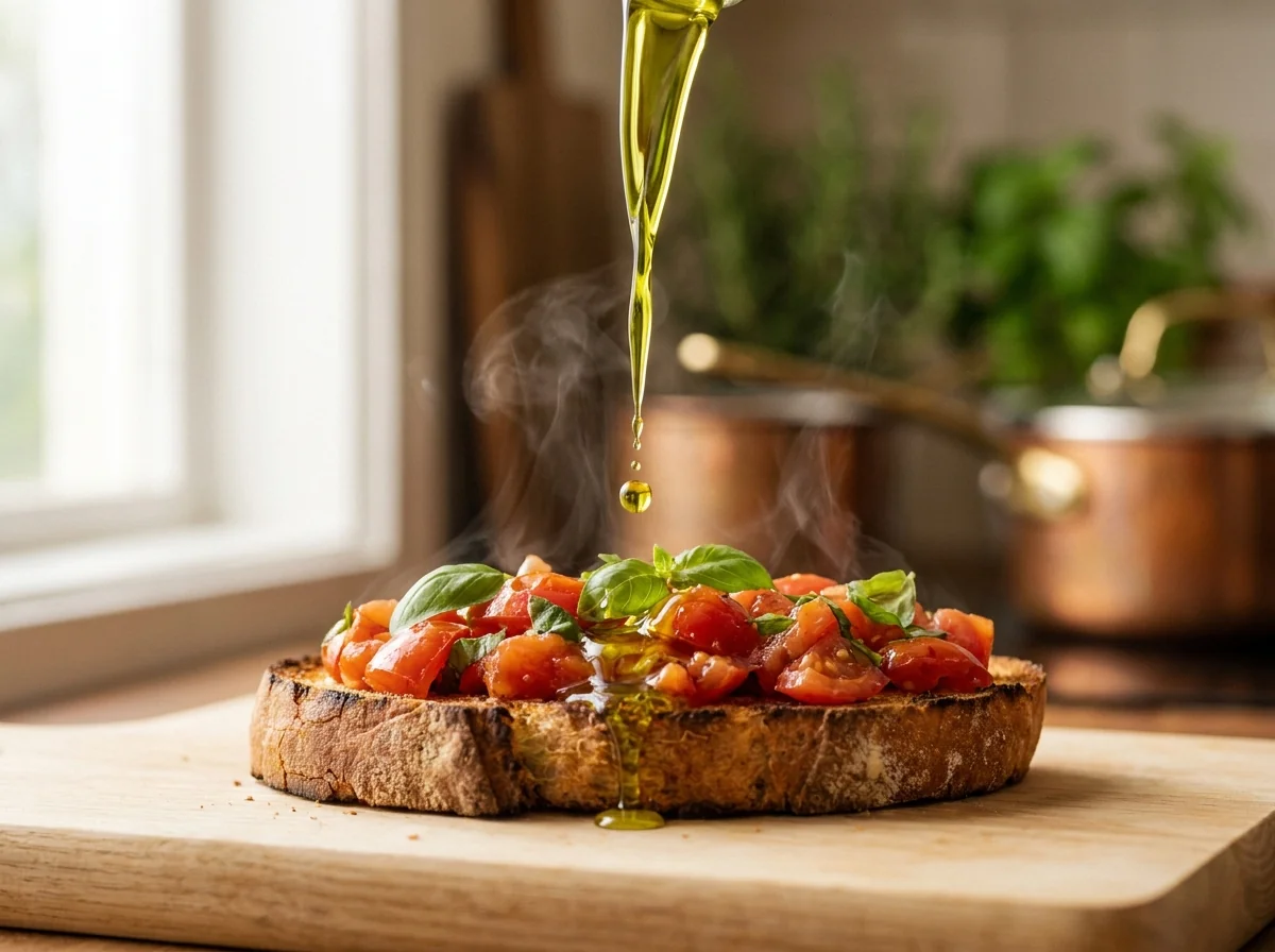 Aceite de oliva extra virgen cayendo sobre bruschetta con tomate San Marzano