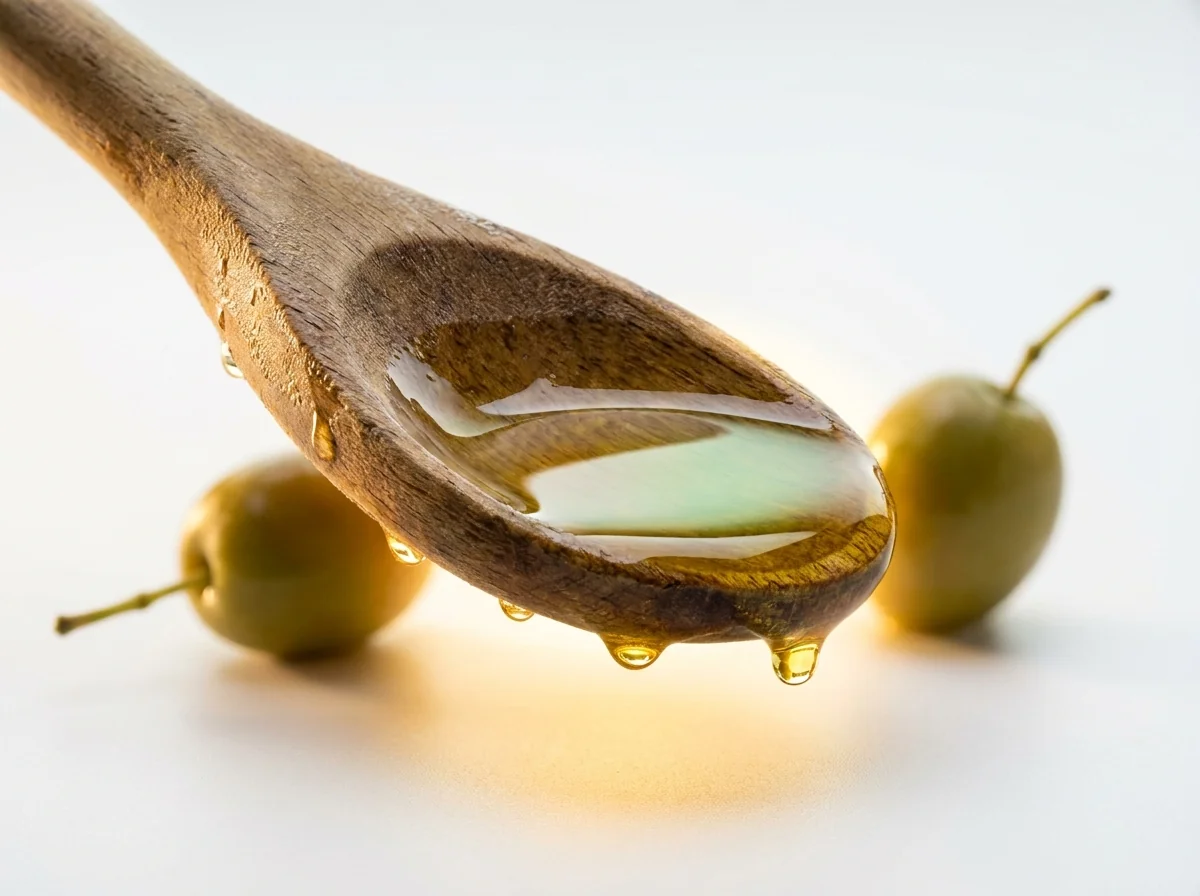 Cuchara de madera sosteniendo aceite de oliva extra virgen a contraluz dorada