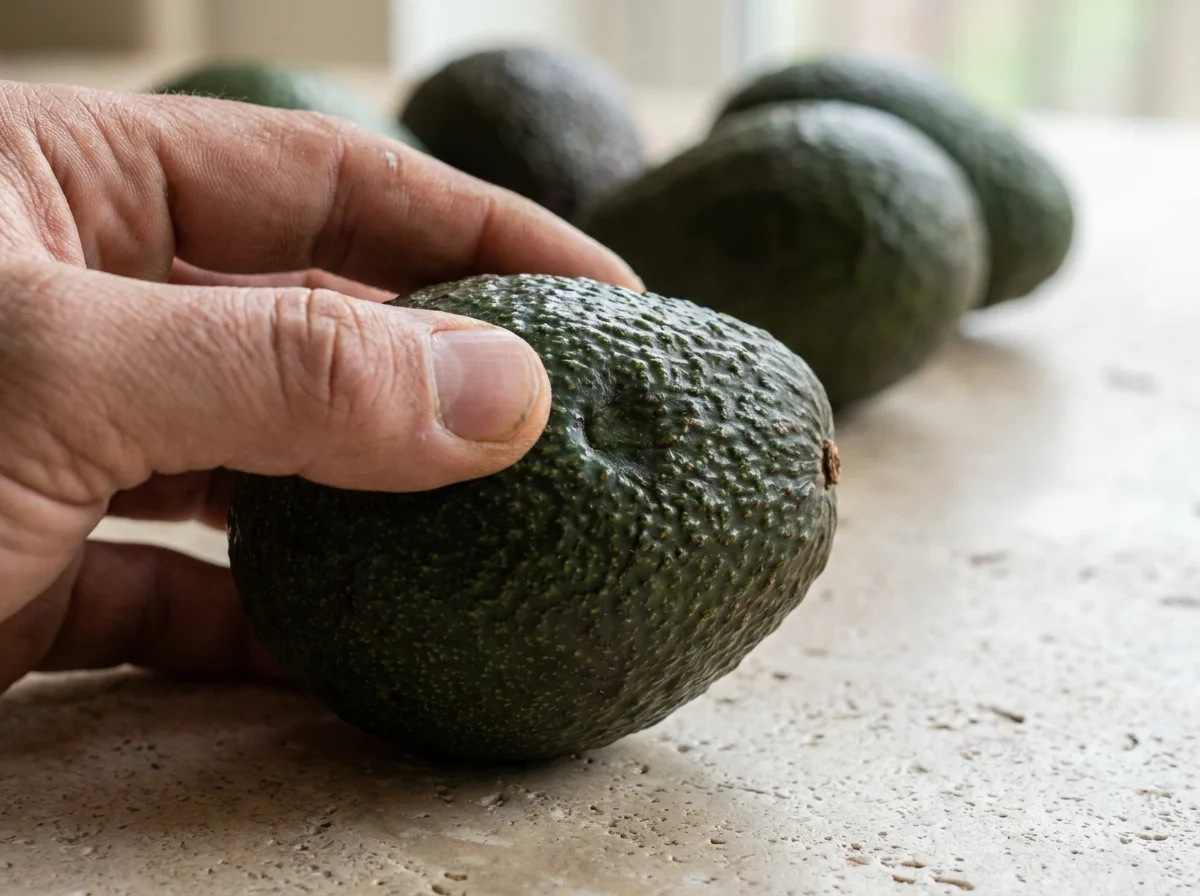 Mano sosteniendo un aguacate Hass para evaluar su punto de madurez