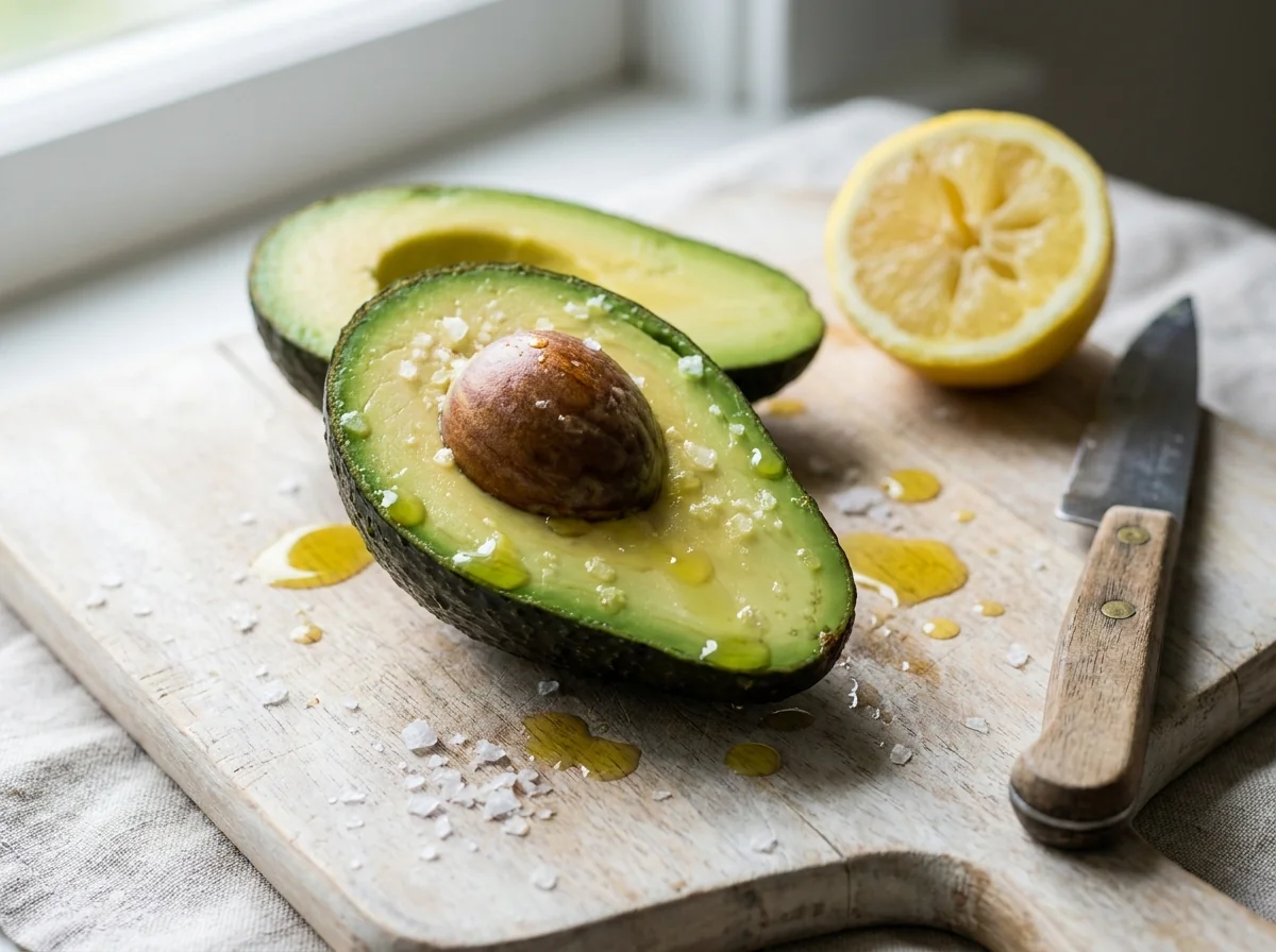 Aguacate Hass partido por la mitad con sal marina y aceite de oliva