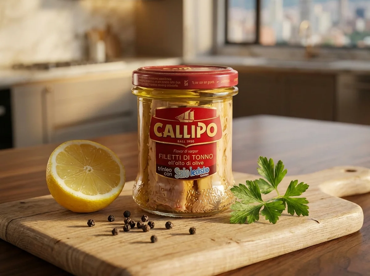 Atún en aceite de oliva con limón y granos de pimienta sobre tabla