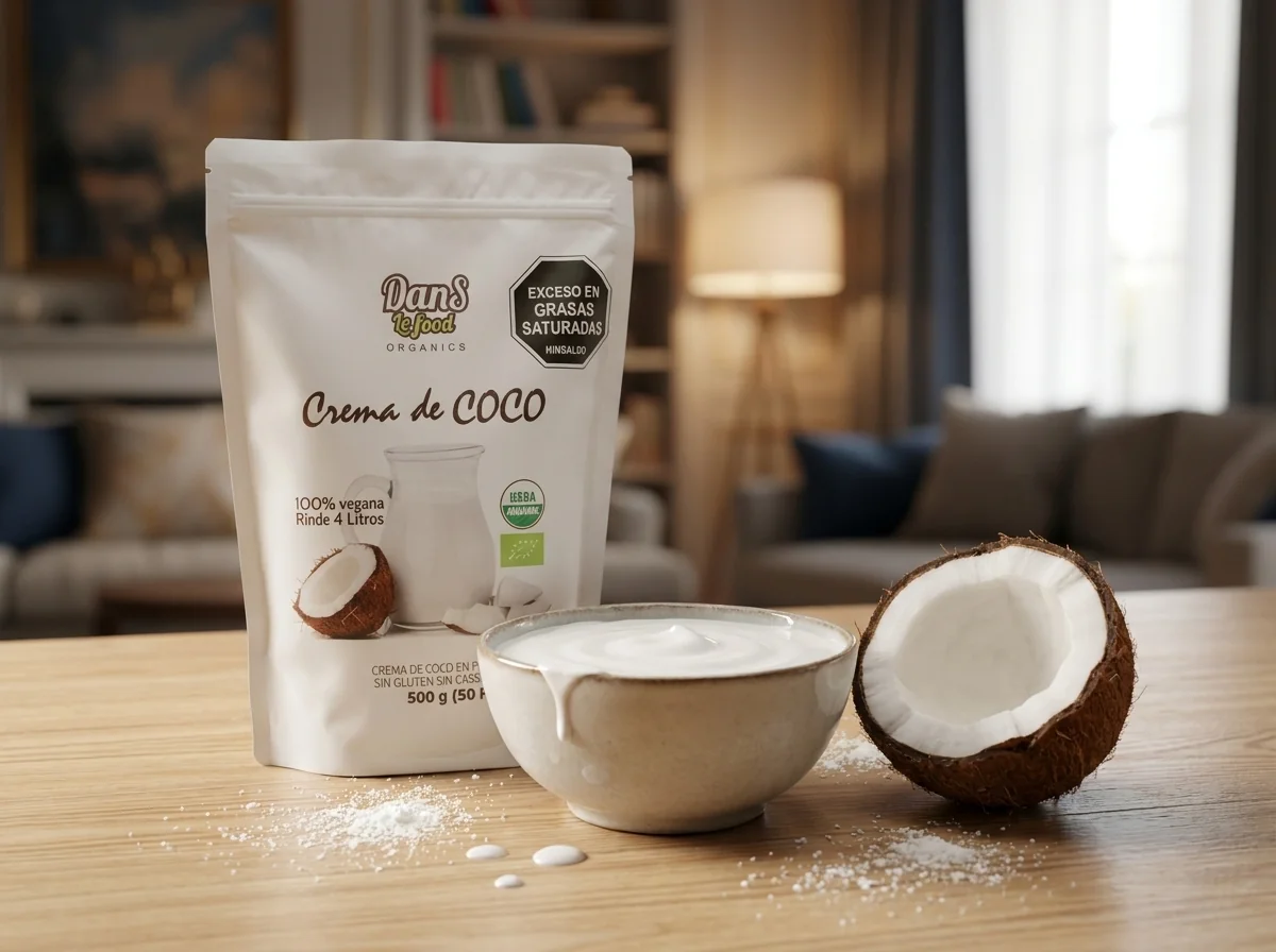 Crema de coco orgánica sin gluten en bolsa con coco fresco al lado