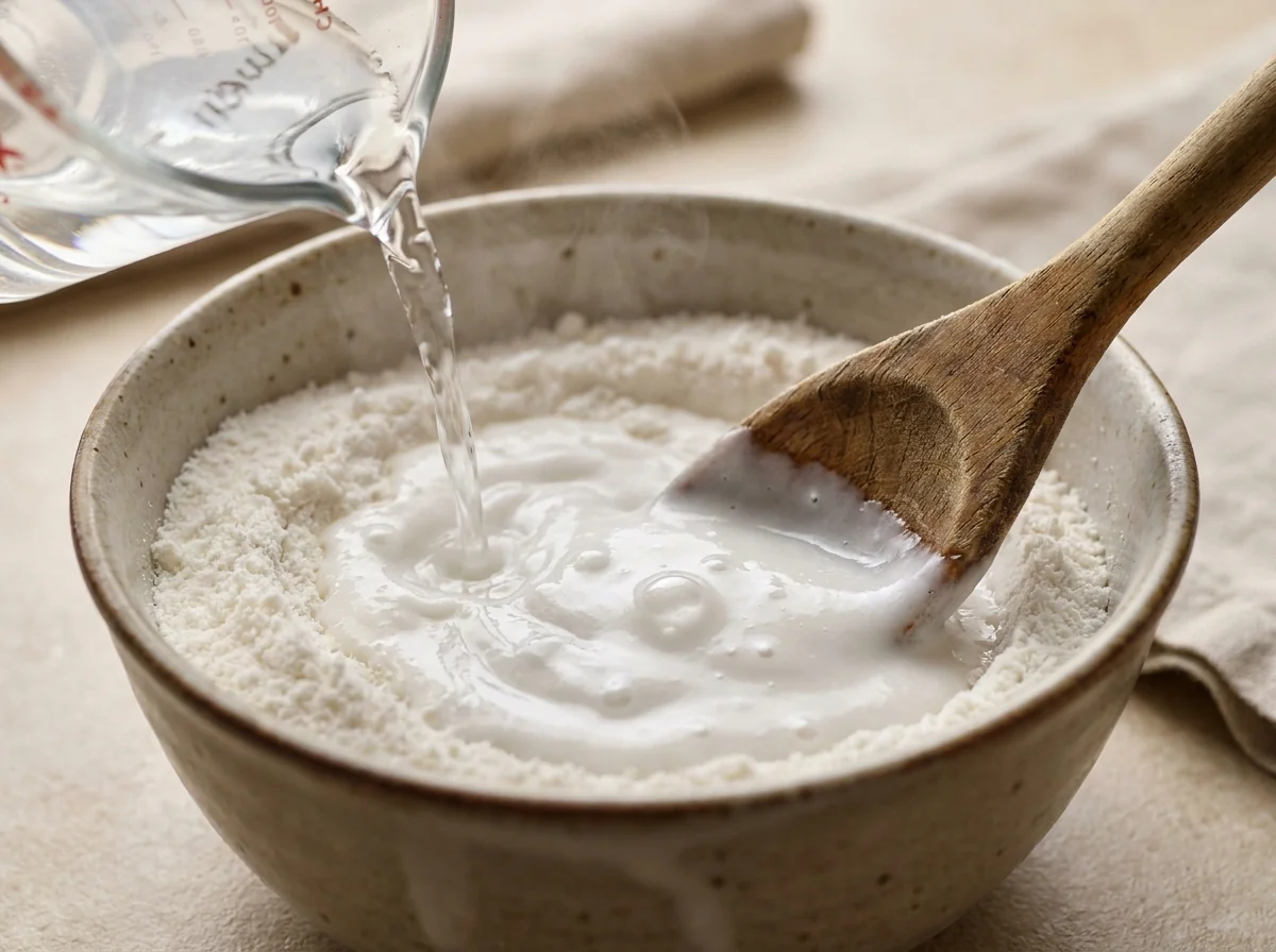 Crema de coco en polvo orgánica reconstituyéndose con agua tibia en tazón