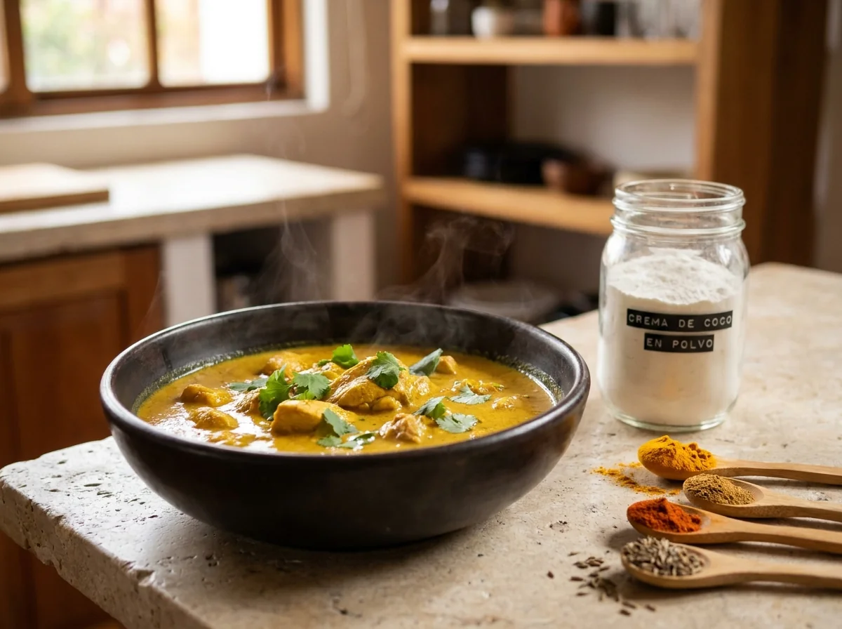 Curry de pollo dorado con crema de coco decorado con cilantro fresco