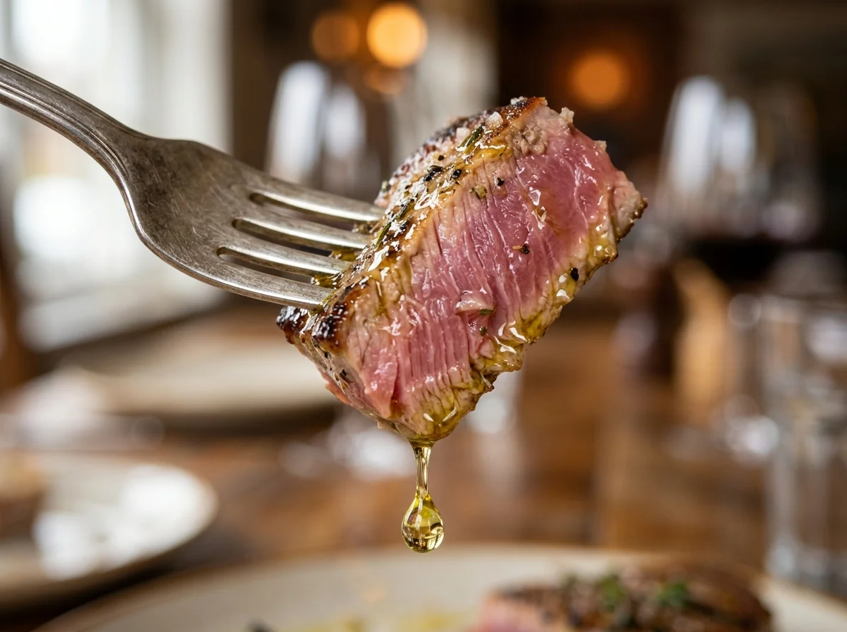Tenedor levantando filete de atún en aceite de oliva jugoso y brillante