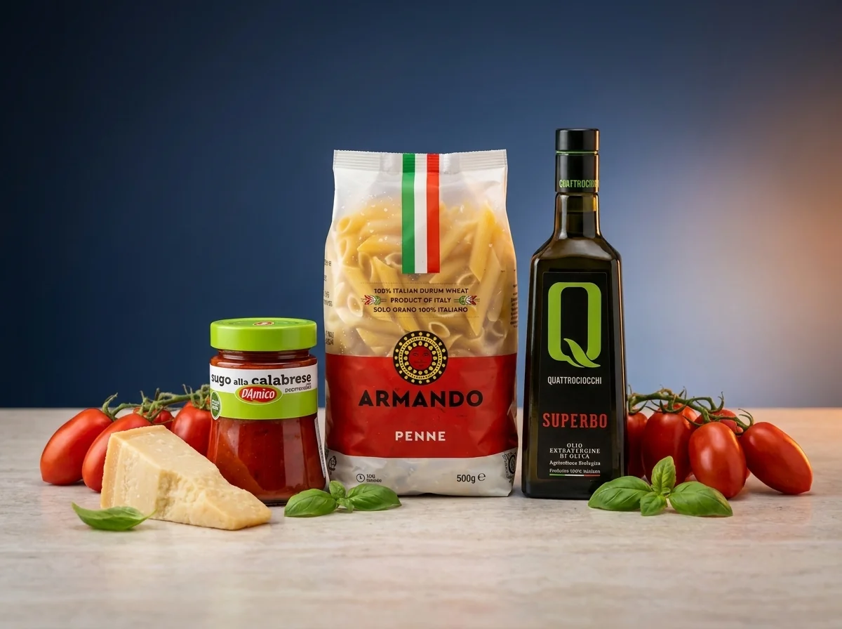 Ingredientes italianos: pasta, salsa, aceite de oliva y queso sobre piedra