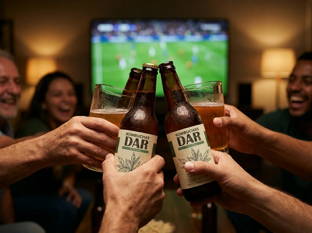 Manos brindando con kombucha en celebración del Mundial en casa