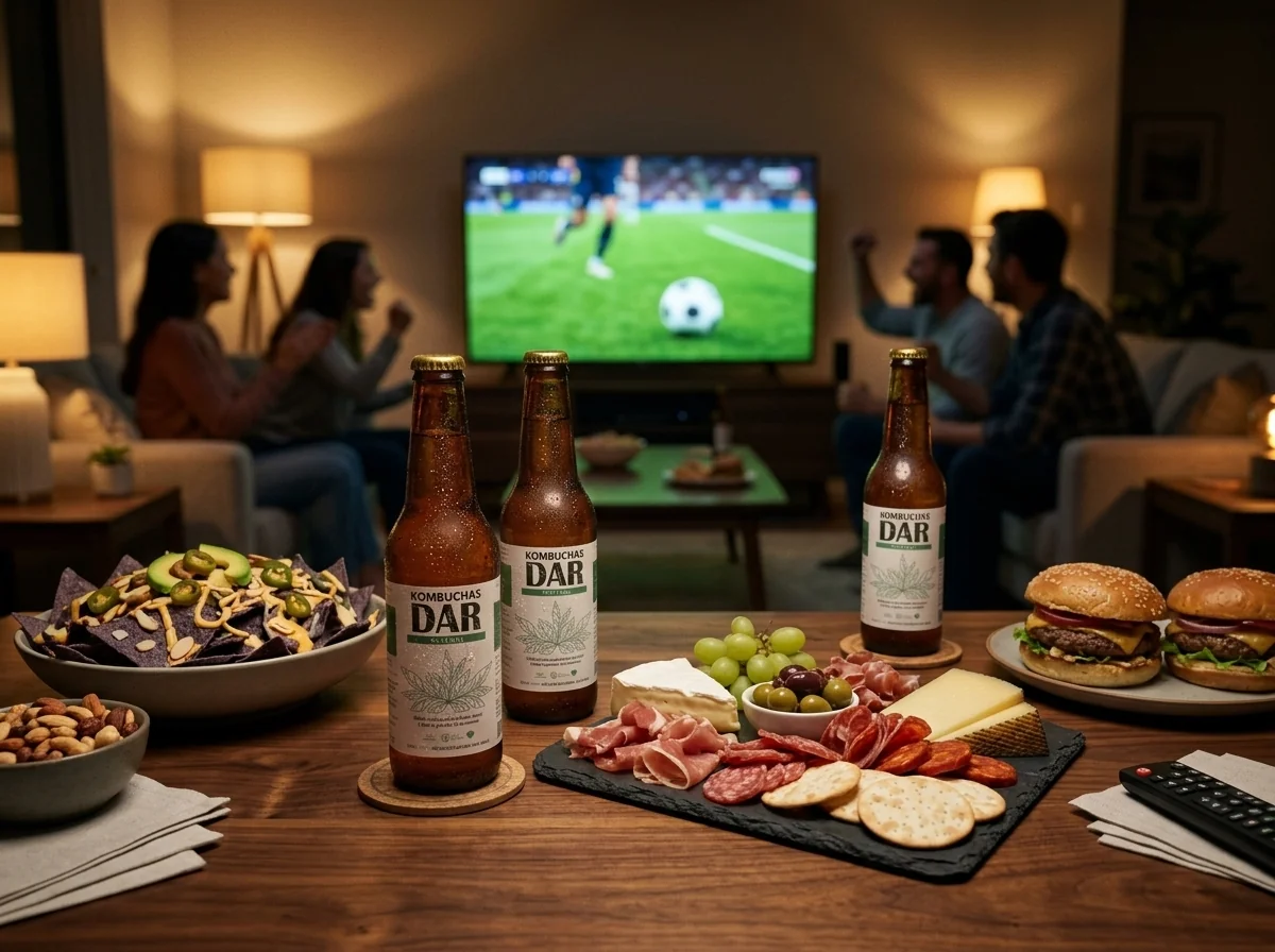 Mesa de reunión del Mundial con picada saludable y amigos viendo el partido