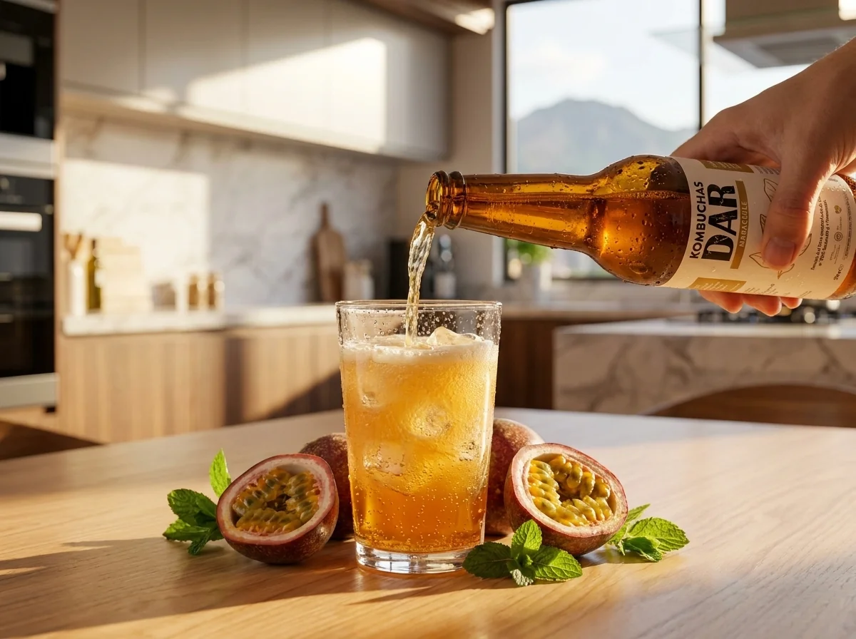 Mano sirviendo kombucha de maracuyá en un vaso con hielo sobre mesa de madera