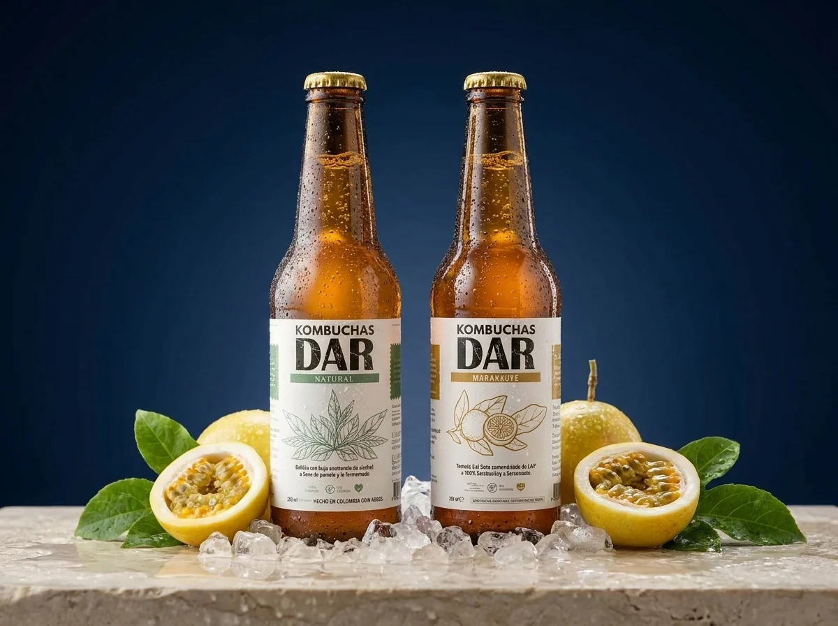 Botellas de kombucha natural y de maracuyá con fruta fresca alrededor