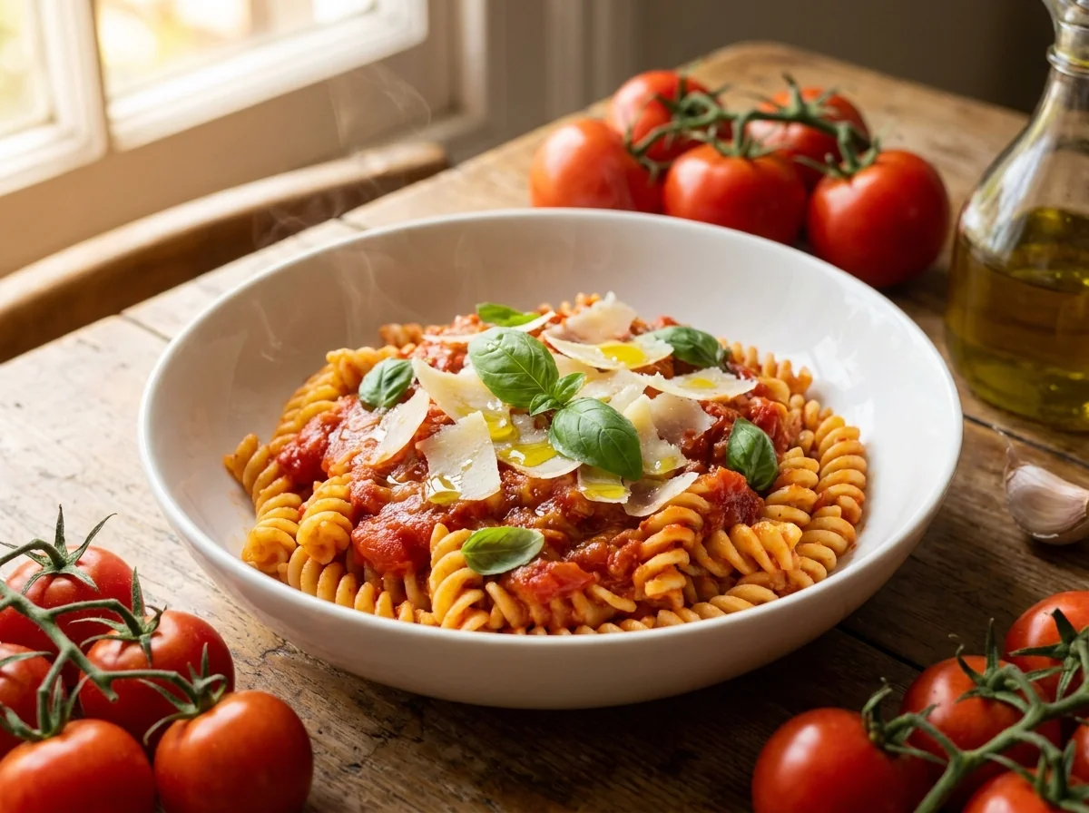 Plato de pasta fusilli con salsa de tomate San Marzano y albahaca fresca