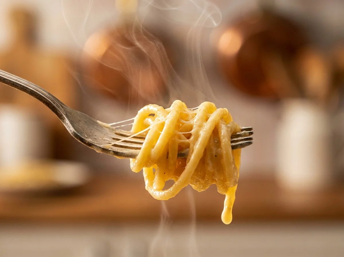 Tenedor enrollando pasta italiana humeante con salsa cremosa y queso fundido