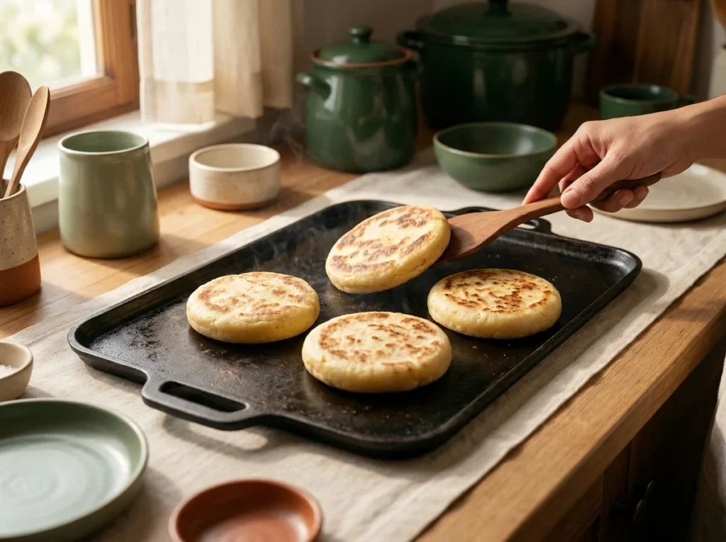 Arepas boyacenses dorándose en una plancha de hierro en cocina artesanal