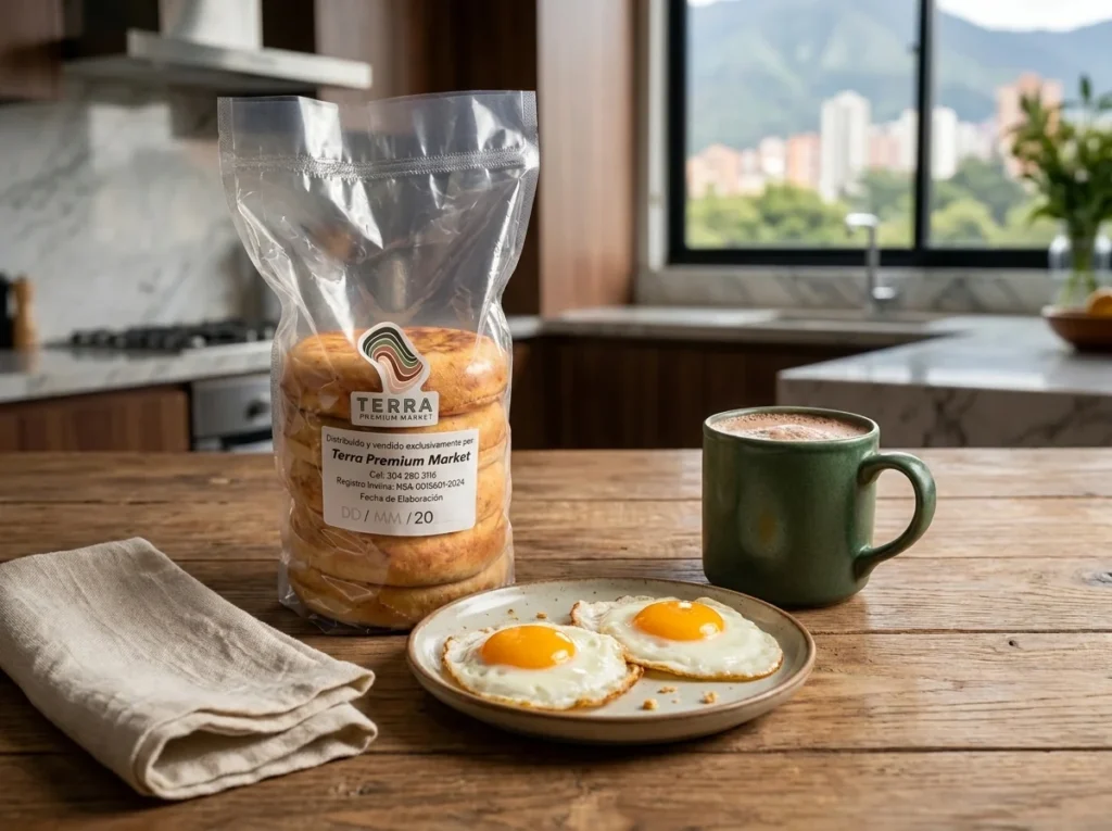 Desayuno con arepas boyacenses, huevos campesinos de yema dorada y chocolate caliente