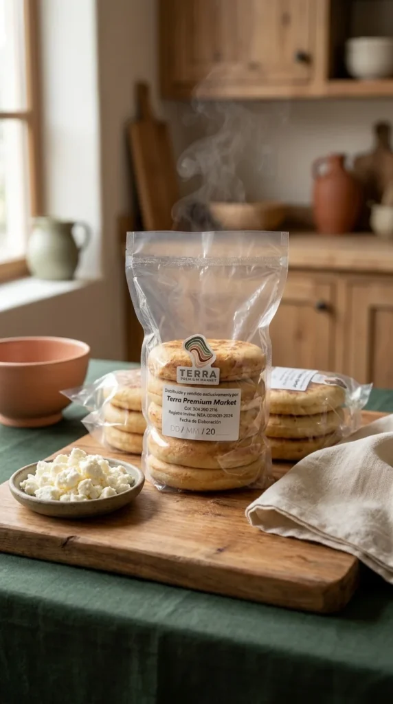 Arepas boyacenses recién asadas sobre tabla de madera con queso fresco al lado