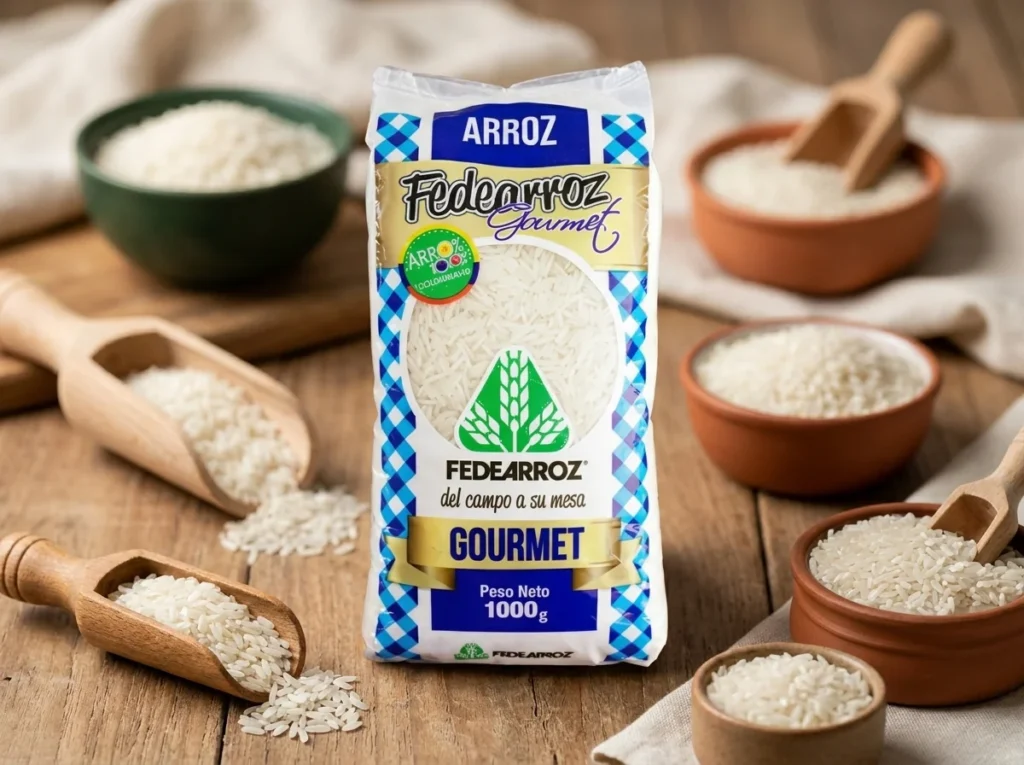 Granos de arroz gourmet crudo junto al empaque del producto sobre madera