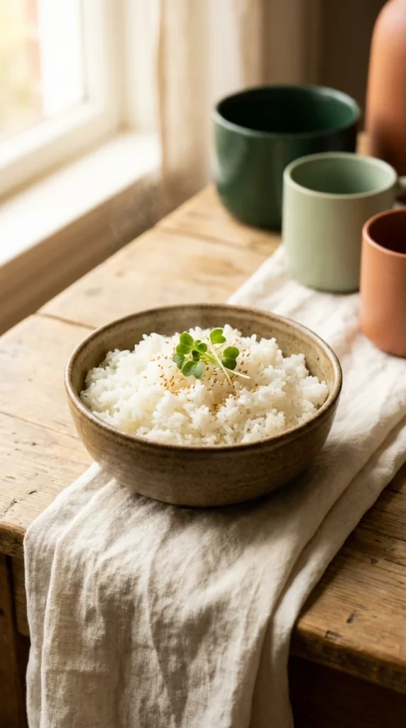 Bol humeante de arroz gourmet perfectamente cocido con el grano suelto