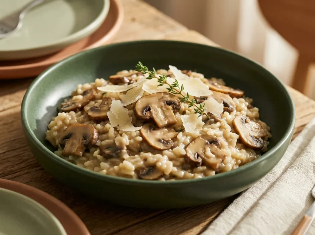 Risotto cremoso de arroz gourmet con champiñones, queso y tomillo