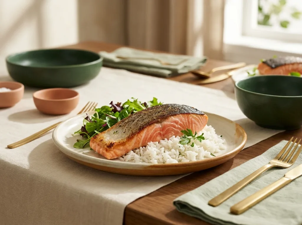 Plato de arroz gourmet con salmón sellado y verduras frescas