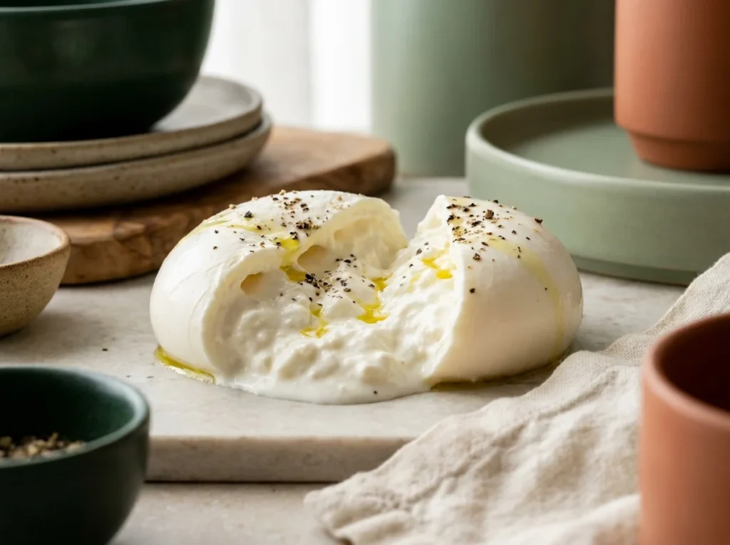 Burrata de búfala abierta con centro cremoso y un hilo de aceite de oliva