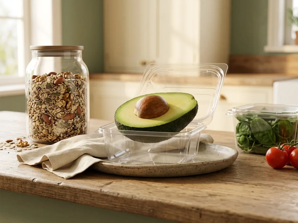 Frutas, verduras frescas y básicos veganos en una cocina luminosa