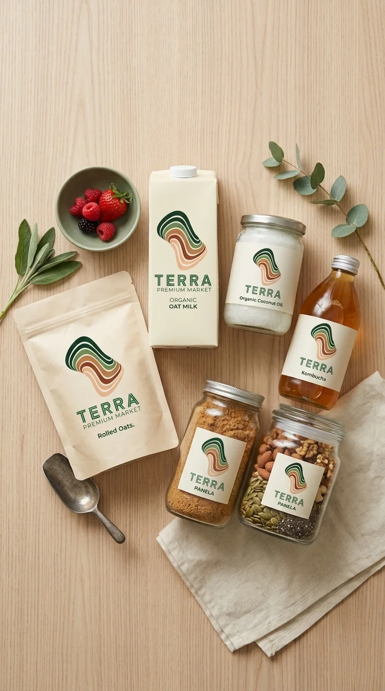Despensa vegana con leche de avena, avena, aceite de coco, panela y kombucha
