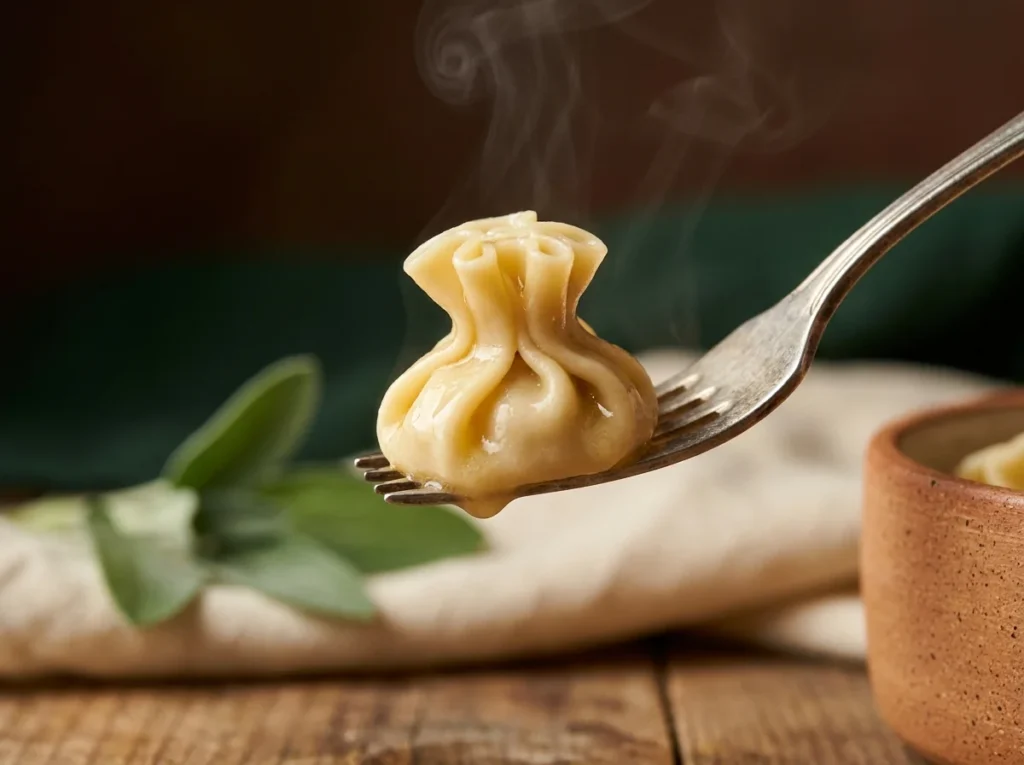 Fiocchi de pasta rellena italiana levantado con un tenedor mostrando su forma