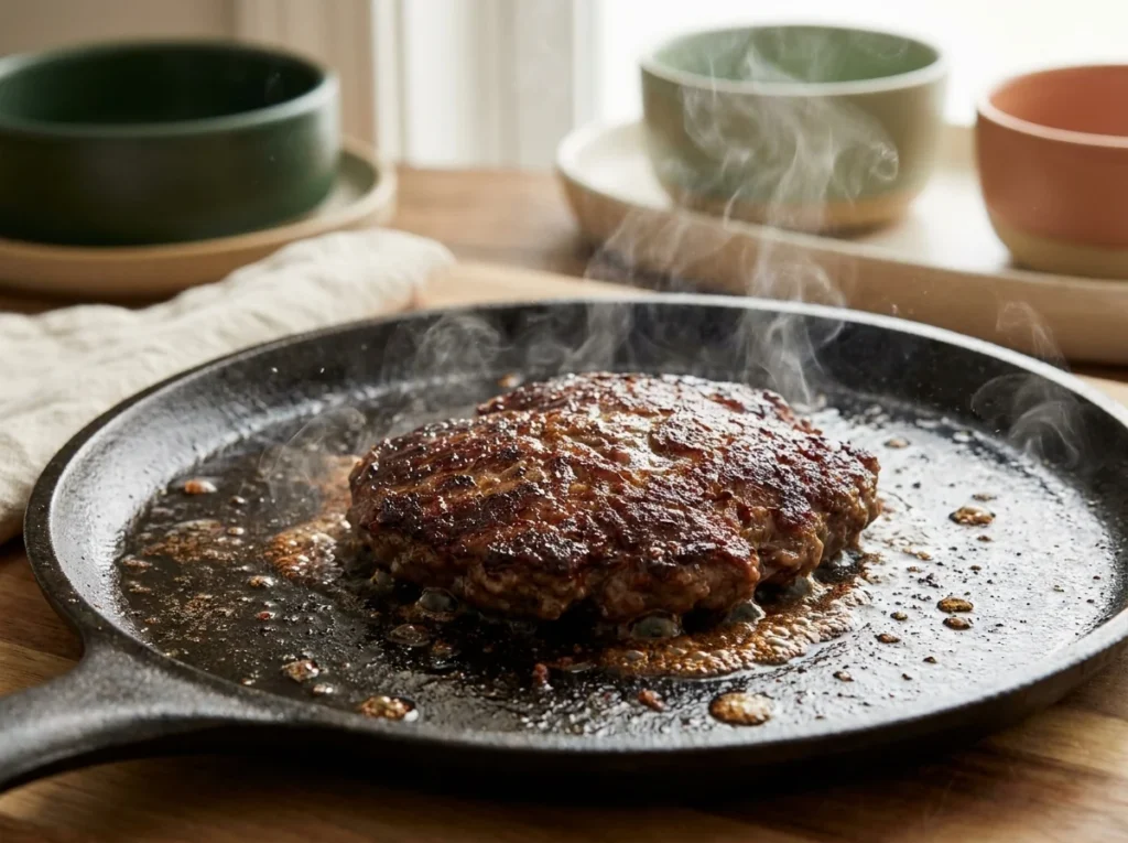 Carne de hamburguesa de res sellándose en sartén de hierro con jugos dorados