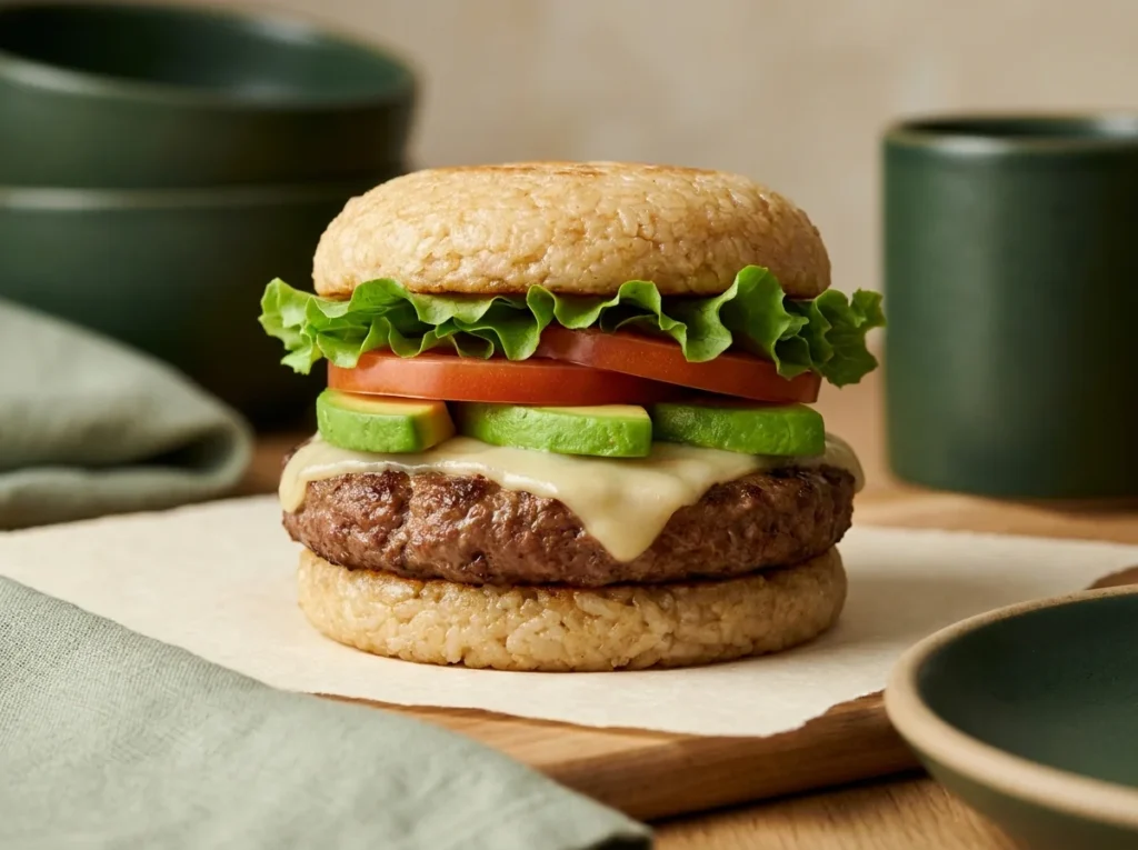 Corte de hamburguesa premium mostrando carne, queso, aguacate y tomate