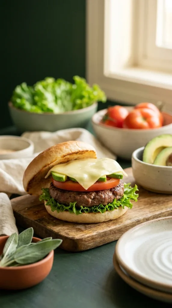 Hamburguesa premium casera en pan de arroz con lechuga, tomate, aguacate y queso
