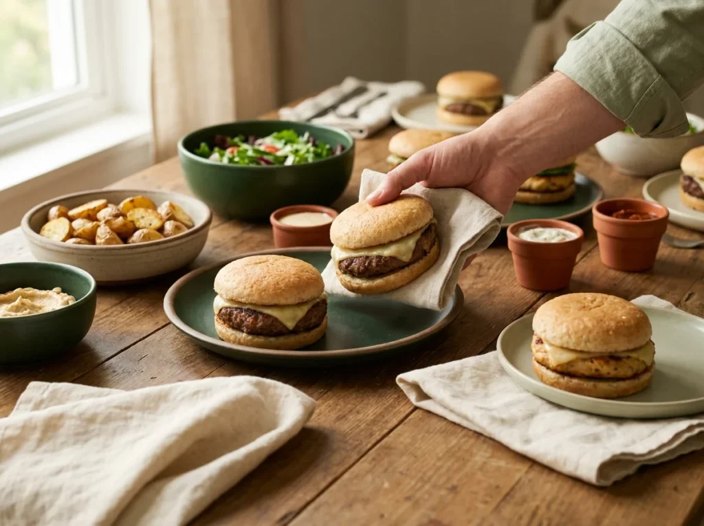 Mesa con varias hamburguesas premium y acompañamientos para una reunión