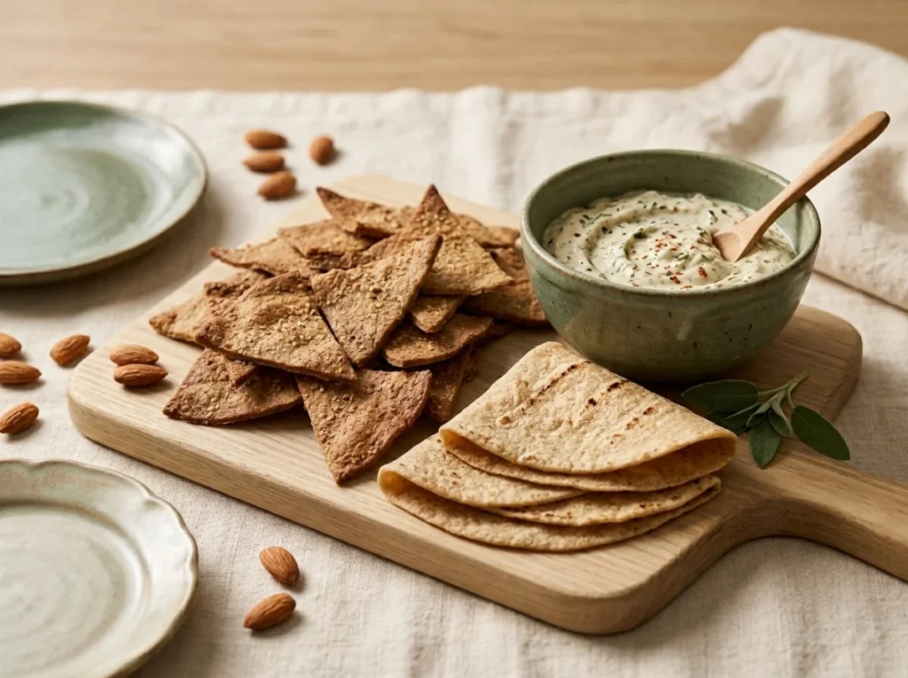 Nachos y tortillas de almendra veganos servidos en tabla con un dip