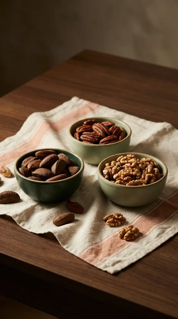 Nueces premium de Brasil, pecán y nogal en cuencos de cerámica sobre madera