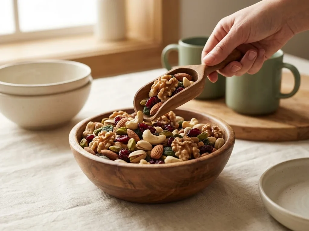 Mano tomando un puñado de mezcla de nueces premium de un cuenco de madera