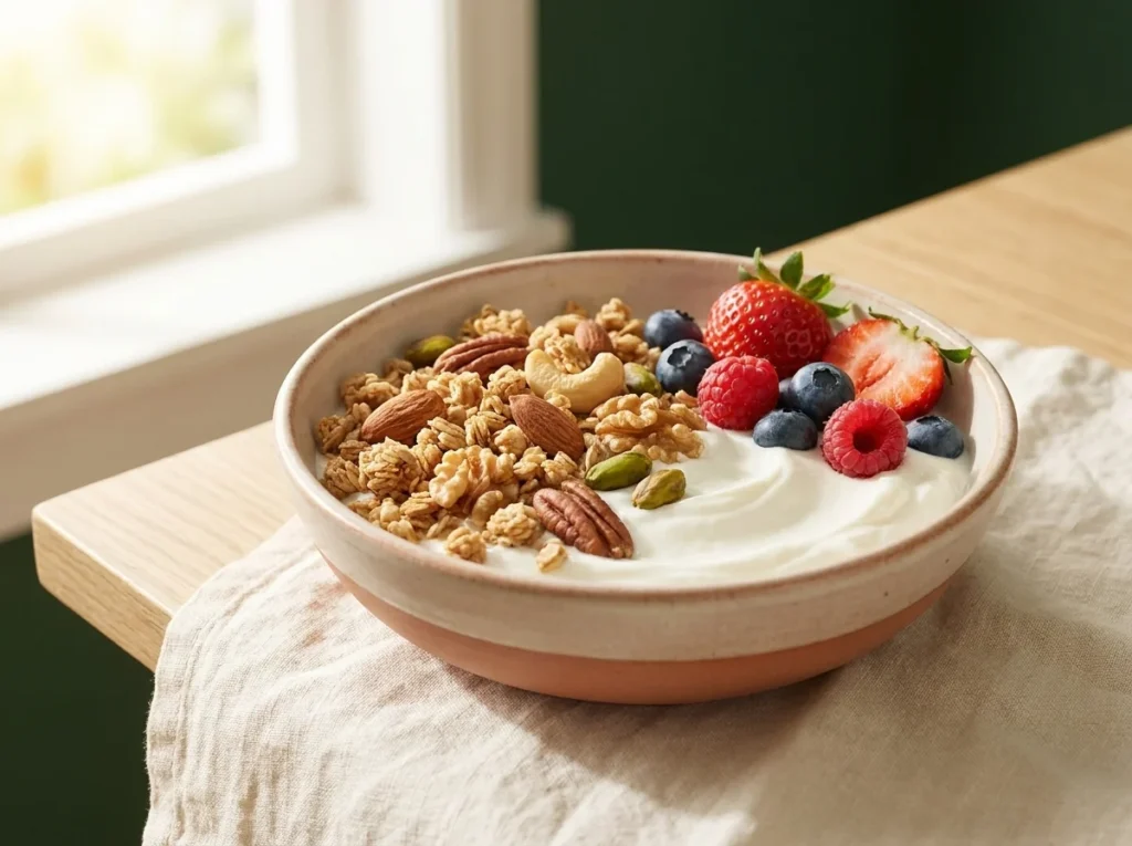 Nueces premium sobre bol de yogur griego con granola y frutos rojos