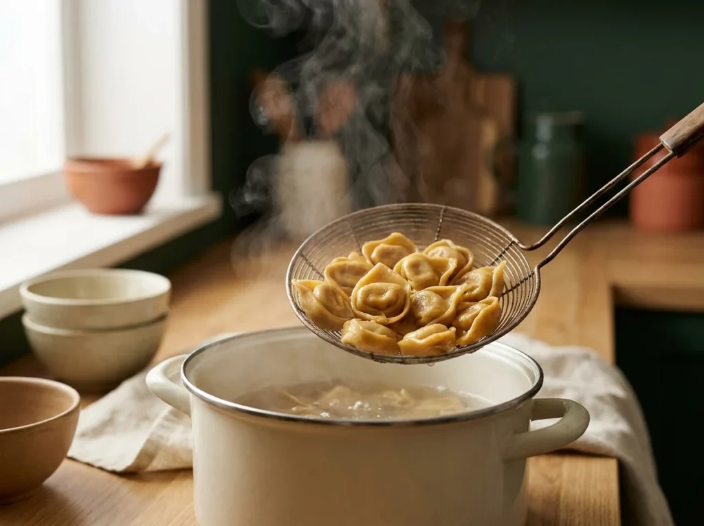 Pasta rellena italiana saliendo de la olla con espumadera y vapor