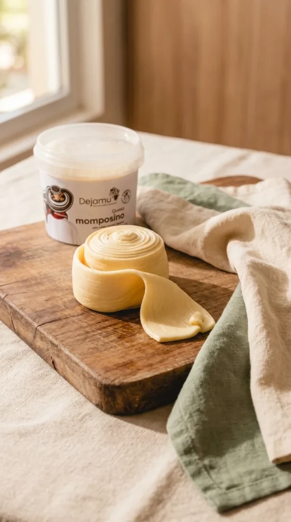Bloque de queso momposino de 7 cueros mostrando sus capas con una loncha cortada