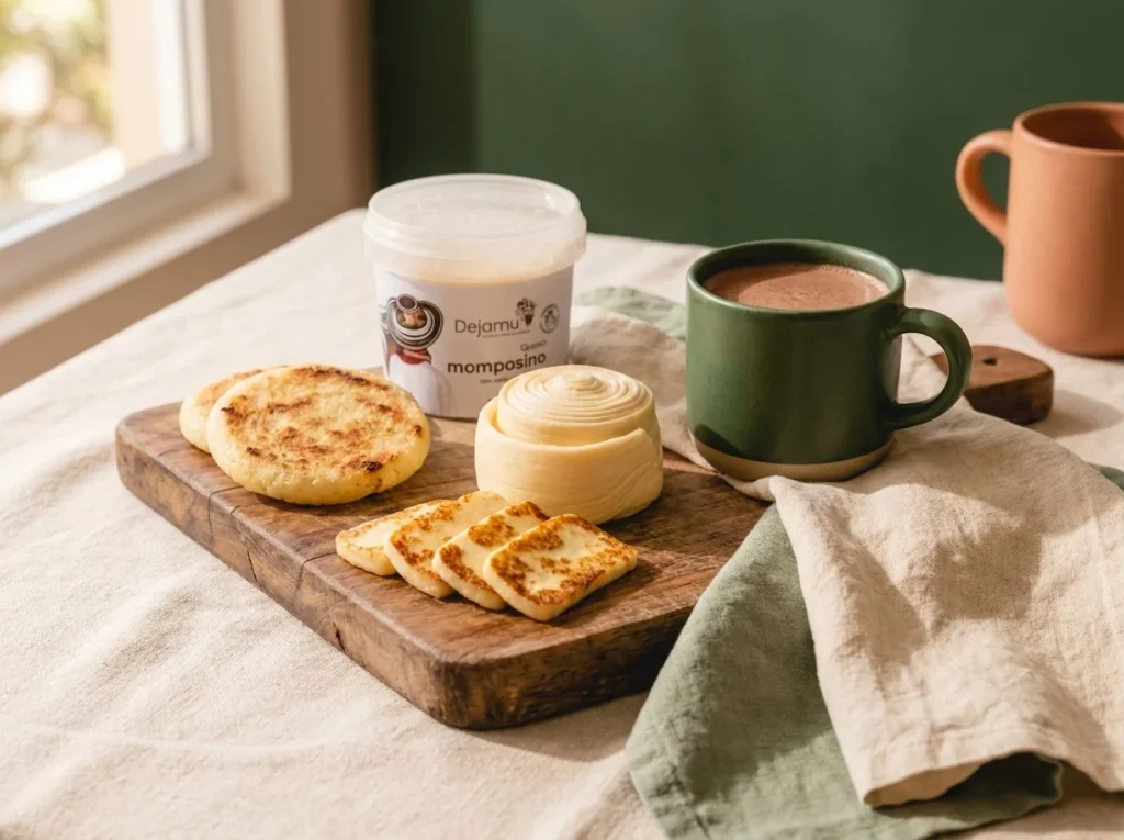 Desayuno con queso momposino a la plancha, arepa y chocolate caliente