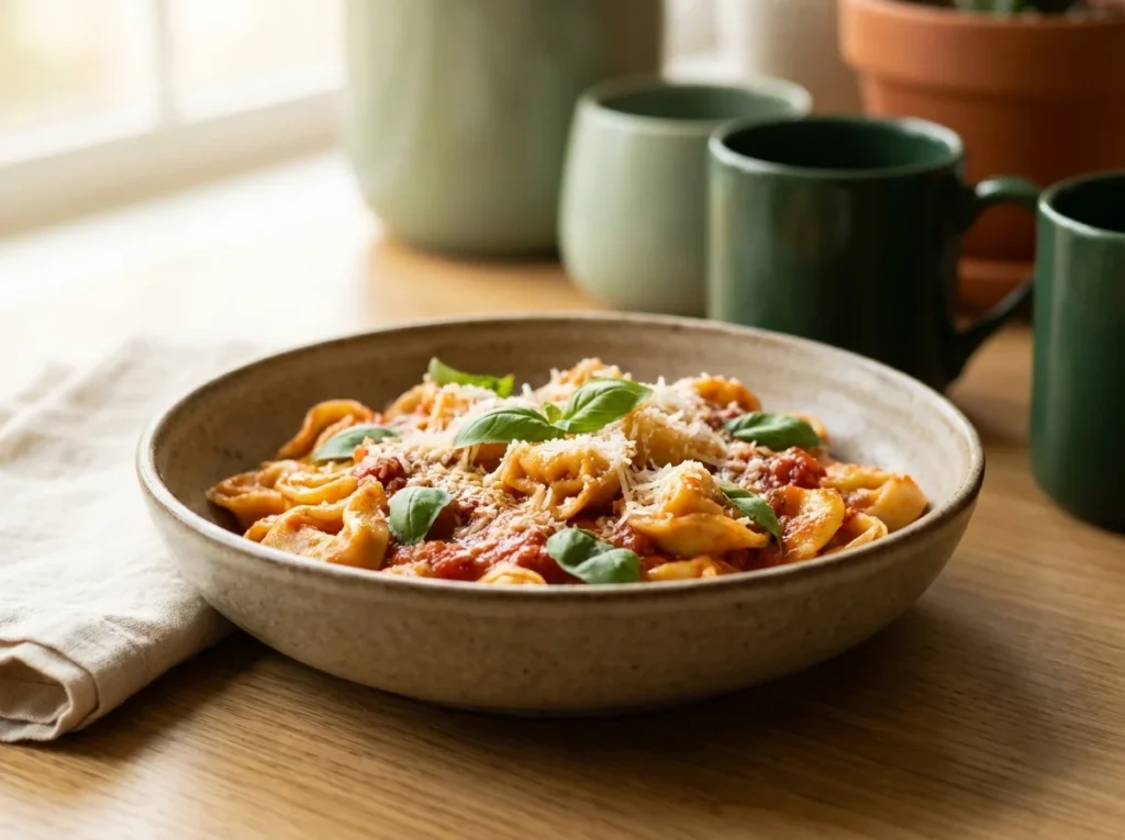 Tortellini con carne en salsa de tomate y albahaca fresca en bol de barro