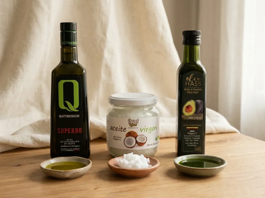 Aceite de aguacate, de oliva extra virgen y de coco alineados para comparar usos