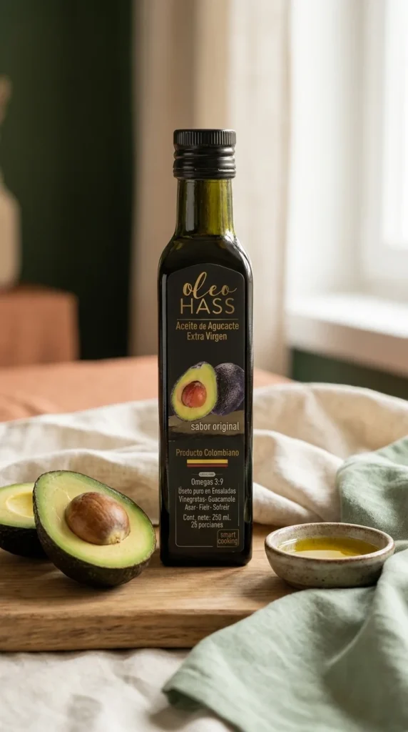 Botella de aceite de aguacate premium junto a aguacate fresco partido